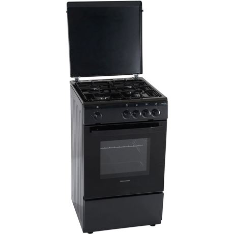 Aragaz Heinner HFSC-V50BK, Gaz, 4 arzatoare, Dispozitiv de siguranta plita si cuptor, Capac metalic, 50x50 cm, Negru