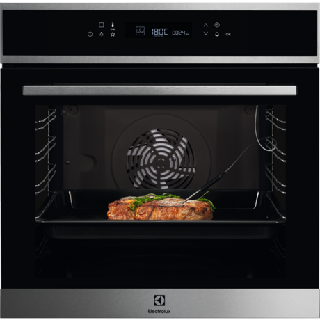 Cuptor incorporabil multifunctional Electrolux EOE7F31X, Electric, 72 L, 11 functii, SenseCook, Autocuratare catalitica, 9 programe automate, Afisaj digital, Control touch, Grill, Convectie, Sonda temperatura, Panel frontal cu insertie de sticla, Negru/Inox