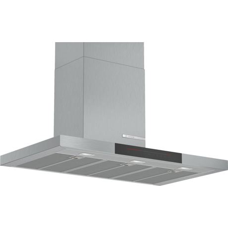 Hotă semineu dreaptă Bosch Serie 6 DWB98JQ50, Capacitate 843 m³/h (intensiv, mod evacuare), 3 viteze + 2 intensiv, TouchControl, Senzor pentru calitatea aerului, Funcţie DimmLight, 90 cm, Inox