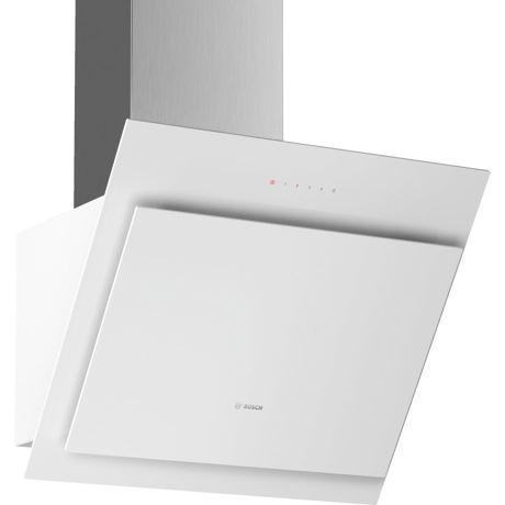 Hota Bosch DWK67CM20, Decorativa perete, 700 m³/h (Intensiv), TouchControl, 3 viteze + Intensiv, RimVentilation (absorbtie periferica), Filtru metalic, 60 cm, Sticla alba