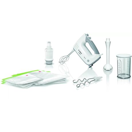 Mixer de mână Bosch MFQ364V0, 450 W, 5 trepte de viteza, Funcție Turbo, Accesorii de vidare, Picior blender, Vas gradat ,Alb