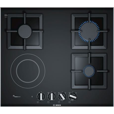Plita incorporabila Bosch PSY6A6B20, Serie 6, 60 cm, mixta (3 arzatoare gaz, 1 zona de gatit radianta HighSpeed), FlameSelect, suprafata vitroceramica, suporturi din fonta