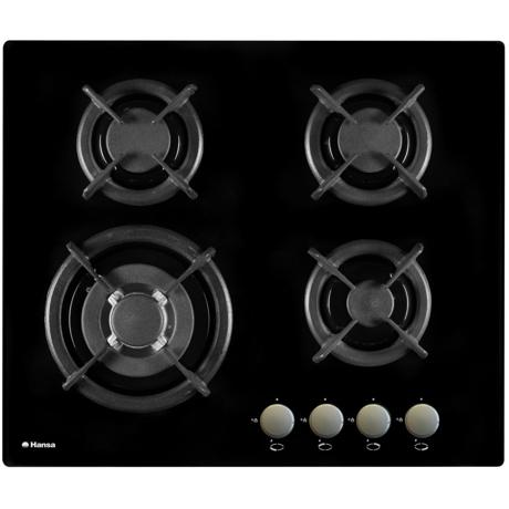 Plita incorporabila Hansa BHGI63112035, 4 arzatoare gaz, Aprindere electrica, WOK, Gratare fonta, Sticla neagra