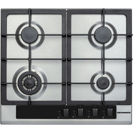 Plita incorporabila Heinner HBH-V4IWFFCIX, Gaz, 4 arzatoare, Arzator Wok, Aprindere electrica, Siguranta gaz, Gratare fonta, 58 cm, Inox