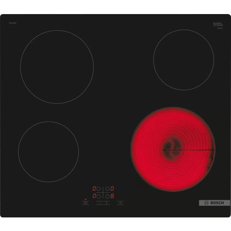 Plita incorporabila Bosch PKE611BA2E, Electrica, 4 zone de gatit, Control Touch, 17 trepte de putere, Blocare acces copii, 60 cm, Vitroceramica, Negru