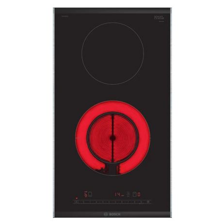 Plita incorporabila Bosch PKF375FP2E, Electrica, 2 zone de gatit, Control DirectSelect, 17 trepte de putere, Blocare acces copii, 30 cm, Vitroceramica, Negru