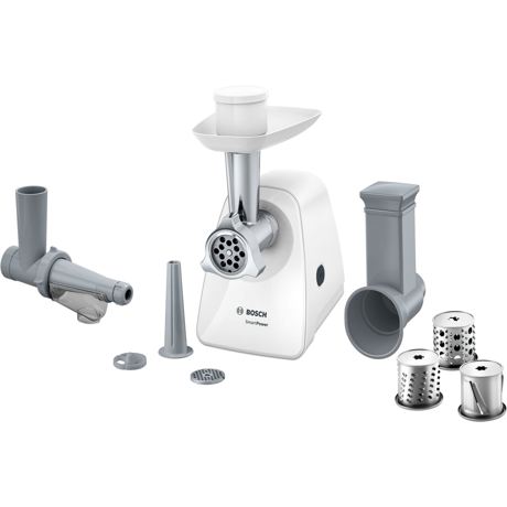 Tocator de carne Bosch SmartPower MFW2517W, 350 W, 1.7 kg/min., 2 site, Pâlnie de cârnaţi, Storcător fructe și legume moi, 3 conuri razuire/feliere, Alb