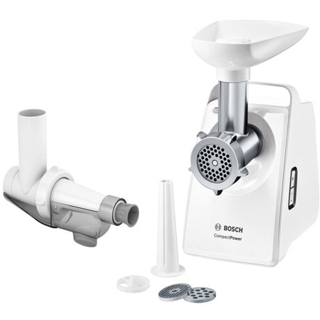 Mașină de tocat carne Bosch CompactPower MFW3X15W, 2000 W, 2.5 kg/min, Funcție de inversare, 3 discuri, Accesorii pentru cârnaţi, Accesoriu fructe si legume moi, Alb