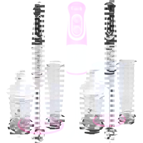 Blender de mana Heinner Charm HB-600BG, 600 W, 5 viteze, Turbo, Mini-tocator, Alb cu visiniu