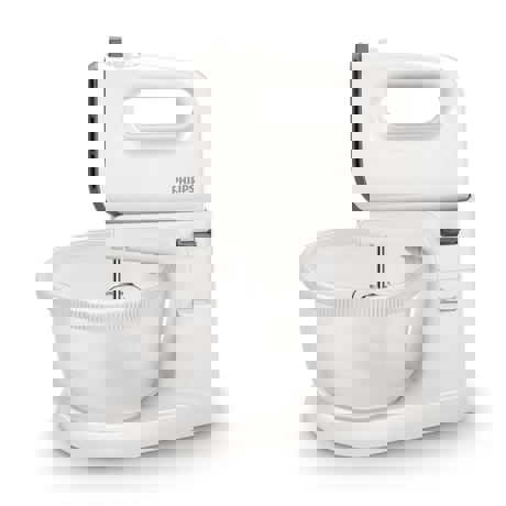 Mixer cu bol Philips Viva Collection HR3745/00, 450 W, 3 L, 2 accesorii, 5 viteze+Turbo, Alb/Gri