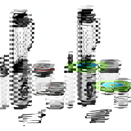 Blender Bosch Vitamaxx MMBV625M, 1000 W, 1.5 L, Lame inox, Funcție "auto", Funcție puls, Zdrobire gheata, Funcție vidare, Sticlă ToGo 0.5 L, Vase etanșare în vid (1.5l, 0.75l), Argintiu