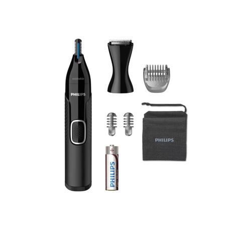 Trimmer pentru nas/urechi Philips NT5650/16, baterie, lavabil, utilizare umed si suscat, tehnologie Precision Trim, otel inoxidabil, pieptene pentru sprancene, 2 piepteni 3-5 mm, Negru