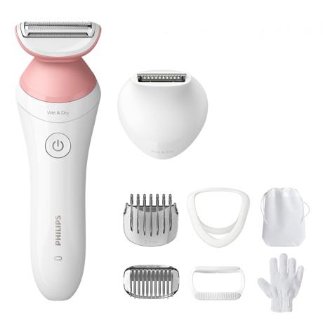 Aparat de ras fara fir umed si uscat PHILIPS Lady Shaver Seria 6000 BRL146/00, Wet&Dry, 10 ore incarcare, 40 min utilizare, Husa, Manusa exfoliere, Alb/Roz, L x A x I (mm) 60x120x185