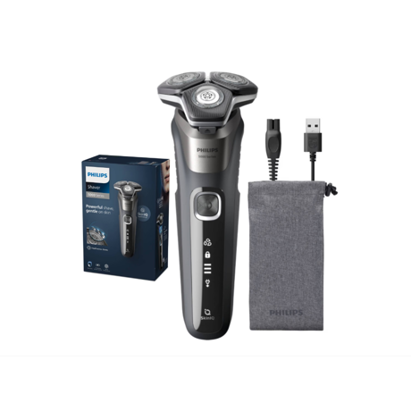 Aparat de barbierit PHILIPS Shaver Seria 5000 S5887/10, barbierit umed/uscat, tehnologie SkinIQ, fara fir, capete flexibile 360°, display LED, senzor Power Adapt, lame auto-ascutire, lama de tuns integrata, 60 min, husa, Gri carbon