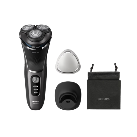 Aparat de ras PHILIPS Shaver Seria 3000 S3343/13, Barbierit umed şi uscat, Fara fir, Capete 5D pivotante si flexibile, Lame autoascutire, 60 min, Sistem de barbierire anticoroziune, Capac de protectie, Suport de incarcare, Negru, L x A x I (mm) 80x140x190