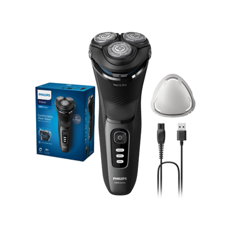 Aparat de ras PHILIPS Shaver Seria 3000 S3244/12, barbierit umed şi uscat, fara fir, capete 5D pivotante si flexibile, lame autoascutire, 60 min, sistem de barbierire anticoroziune, capac de protectie, Negru
