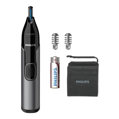 Trimmer pentru nas si urechi PHILIPS NT3650/16, Baterie, Lavabil, Tehnologie Precision Trim, Otel inoxidabil, Pieptene pentru sprancene, Pieptene 5 mm, Gri, L x A x I (mm) 39x83x190