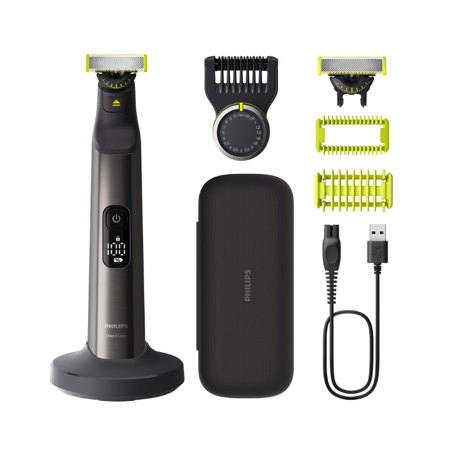 Aparat de ras (0,2mm) si tuns (0,4-10mm) PHILIPS OneBlade Pro QP6652/61, Fata&corp, pieptene cu 20 de setări de lungime (0,4-10 mm),  2 accesorii pentru corp, 2 lame 360, 120 min (Li-ion), trusa, cablu alimentare USB-A, fara adaptor priza