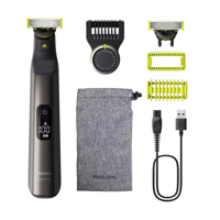 Aparat de tuns parul de pe fata si corp, Philips OneBlade Pro QP6552/15, Acumulator, Autonomie 120 min., Lungime 0, 4-10 mm, Crom