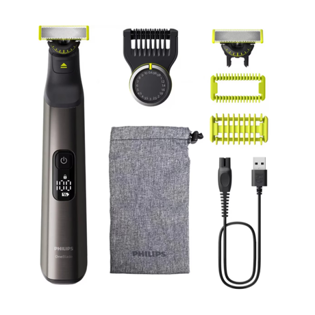 Aparat de tuns parul de pe fata si corp, Philips OneBlade Pro QP6552/15, Acumulator, Autonomie 120 min., Lungime 0, 4-10 mm, Crom