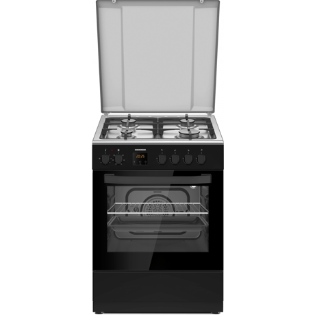 Aragaz mixt Heinner HFSC-S66FDCC-IBK, 4 arzatoare gaz, cuptor electric, 60x60, aprindere electrica, capac metalic, 6 functii, autocuratare catalictica, timer digital, ventilatie, Negru/Inox
