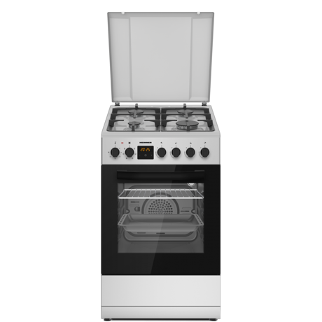 Aragaz mixt Heinner HFSC-S65MIXFD-SL, 4 arzatoare, Aprindere electrica, Suporti fonta, Cuptor electric, Clasa A, 6 functii, Timer, Grill, Lumina cuptor, Sertar inferior vase, 50x60 cm, Argintiu