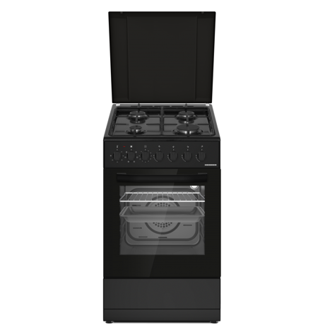Aragaz mixt Heinner HFSC-S60LITGC-BK, 4 arzatoare, Suport email, Capac metalic, Arindere electrica plita, Dispozitiv de siguranta plita, Cuptor electric, Clasa A, 7 functii, Timer, Grill, Ventilatie, Duze GPL incluse, 50x60 cm, Negru