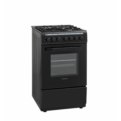 Aragaz mixt Heinner HFSC-V60LITGC-BK, 4 arzatoare, Aprindere electrica, Cuptor electric cu 6 functii, Timer, Grill, 50x60 cm, Negru