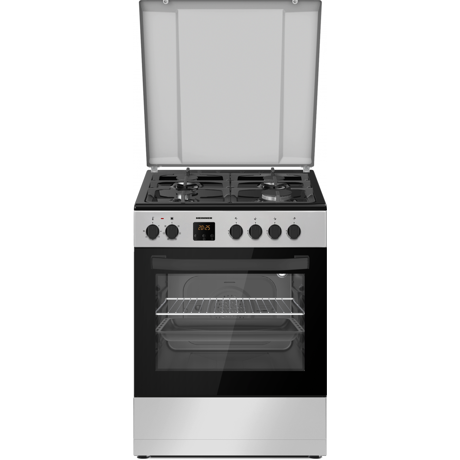 Aragaz mixt Heinner HFSC-S66FDC-BIX, 4 arzatoare gaz, cuptor electric, 60x60, aprindere electrica, gratare fonta,  6 functii, timer digital, grill, ventilatie, Inox/Negru