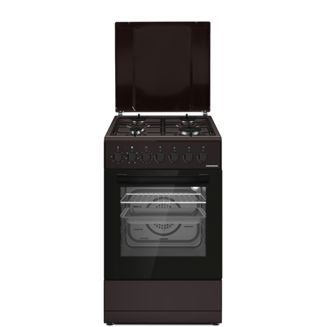 Aragaz mixt Heinner HFSC-S60LITGC-BRW, 4 arzatoare, Suport email, Capac metalic, Arindere electrica plita, Dispozitiv de siguranta plita, Cuptor electric, Clasa A, 7 functii, Timer, Grill, Ventilatie, Duze GPL incluse, 50x60 cm, Maro