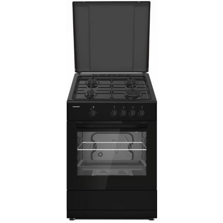 Aragaz Heinner HFSC-SME66IBK, Gaz, 4 arzatoare, aprindere electrica, siguranta plita si cuptor, capac metalic, Negru