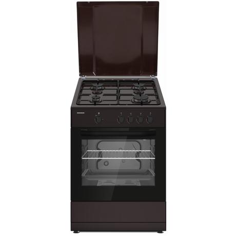 Aragaz Heinner HFSC-SME66IBRW, Gaz, 4 arzatoare, aprindere electrica, capac metalic, 60 x 60 cm, siguranta plita si cuptor, Maro