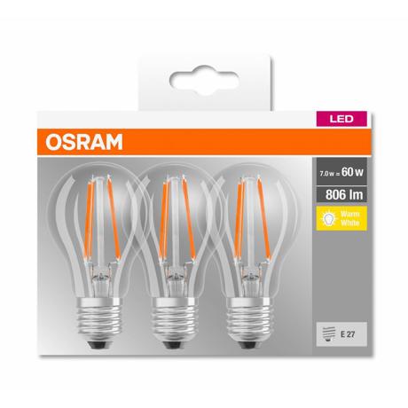 3 Becuri LED Osram Base Classic A, E27, 7W (60W), 806 lm, lumina calda (2700K), cu filament