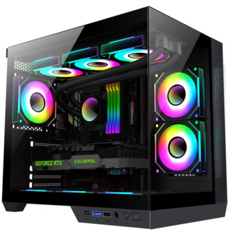 Carcasa gaming Serioux Shadow, fara sursa, tip  middle towe, USB2.0x+HD Audio, USB3.0, porturi rezervate pentru ventialtor: MN 2x120mm ventilatoare ARGB (incluse), spate:1x120mm ventilator RGB (inclus), sus 3x120mm/2x140mm, controler 4 porturi, drive bays: HDD de 3.5'' x2, SSd de 2.5'' x1, Sloturi