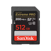 SanDisk Extreme PRO. Capacity: 512 GB, Flash card type: SDXC, Flash memory class: Class 10, Read speed: 200 MB/s, Write speed: 140 MB/s, UHS Speed Class: Class 3 (U3), Video Speed Class: V30. Protection features: Shock resistant, Waterproof, X-ray proof, Product colour: Black
