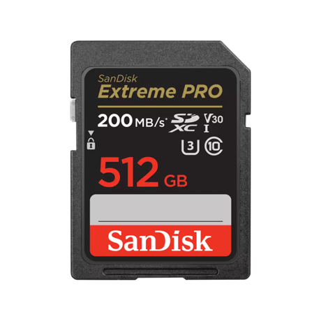 SanDisk Extreme PRO. Capacity: 512 GB, Flash card type: SDXC, Flash memory class: Class 10, Read speed: 200 MB/s, Write speed: 140 MB/s, UHS Speed Class: Class 3 (U3), Video Speed Class: V30. Protection features: Shock resistant, Waterproof, X-ray proof, Product colour: Black