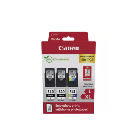 Canon pachet cartuse cearneala PG-540L X2 /CL-541XL Photo value pack, capacitate negru: 2 X 300 pagini/11ml, Color: 400 pagini / 15ml, Compatibil cu: PIXMA GM2050, PIXMA MG2140, PIXMA MG2150, PIXMA MG2155, PIXMA MG2250, PIXMA MG3140, PIXMA MG3150, PIXMA MG3250, PIXMA MG3550, PIXMA MG3650, PIXMA