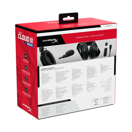 Casti gaming HyperX Cloud III S Black-Red, autonomie pana la 120 ore, timp incarcare 5 ore, DTS Headphone:X Spatial Audio, drivere 53mm, microfon detasabil cu metal mesh, noise cancelling si indicator LED, jack 3,5mm/USB-C/USB-A, cupe cu spuma cu memorie, multiplatforma, negru - rosu