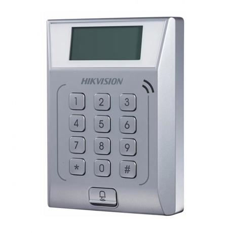 Cititor standalone cu tastatura si card proximitate Hkvision DS-K1T802M, suporta cartele MIFAE, capacitate 3000 carduri si 10000 evenimente, autentificare: card, card si  parola,display 128x64, Exit Button × 1, Door Sensor × 1, Doorbell × 1, E-lock Output × 1