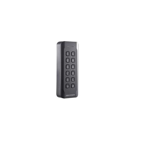 Cititor card cu tastatura Hikvision, DS-K1802MK; citeste carduri MIFARE; frecventa operare: 13.56MHz; indicator LED de stare si alimentare; Processor: 32-bit; Reading Range: <50mm (<1.97); Supports Wiegand (W27/W35) protocol, Dust-proof, IP 65; dimensiuni: 115.9mm×43.3mm×17mm; montare aplicata