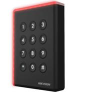 Cititor card cu tastatura Hikvision DS-K1108AMK, citeste carduri Mifare 13.56 MHz, distanta citire: ≤ 50 mm, comunicare: RS-485, Wiegand (W26, W34) si OSDP protocol, indicator LED de stare si alimentare, tamper, buzzer, alimentare 12VDC, IP65, dimensiuni: 123 mm × 88 mm × 21mm