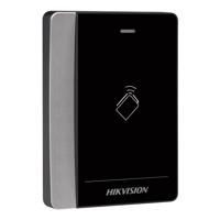 Cititor de carduri Hikvision DS-K1102AM, Pro series, suporta caduri Mifare frecventa: 13.56 MHz, conectivitate: RS-485 si  protocol Wiegand (W26/ W34), distanta de citire: ≤ 50 mm, LED stare, beeper, Watchdog, alimentare: 12 VDC, dimensiuni: 121 mm × 86.5 mm × 14 mm, IP64, greutate: 0.140 kg