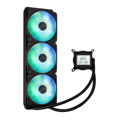 Cooler Procesor ASUS PRIME LC 360 LCD ARGB NEGRU, marime radiator 360mm, 3 ventilatoare ARGB, Viteza ventilatoare 2200 RPM +/- 10%, Suport AMD: AM4, AM5, suport INTEL: LGA 1851/115x/1200/1700, Airflow: 75.7 CFM, Nivel de zgomot ventilatoare: 37.6dBA
