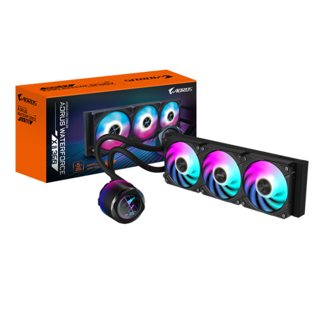 GIGABYTE AORUS WATERFORCE X II 360. Type: All-in-one liquid cooler, Fan diameter: 12 cm, Maximum air pressure: 3.15 mmH2O. Product colour: Black