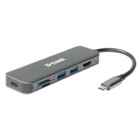 D-Link DUB-2327 6-in-1 USB-C Hub with HDMI, SD/microSD card reader and power delivery, 1* USB-C connector, 1* HDMI Port, 2* USB Type- APort (USB 3.0), 1* SD card slot, 1* microSD card slot, 1* USB-C powerdelivery.