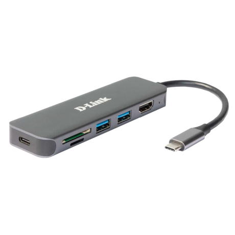 D-Link DUB-2327 6-in-1 USB-C Hub with HDMI, SD/microSD card reader and power delivery, 1* USB-C connector, 1* HDMI Port, 2* USB Type- APort (USB 3.0), 1* SD card slot, 1* microSD card slot, 1* USB-C powerdelivery.