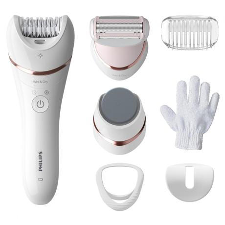 Epilator umed si uscat PHILIPS Seria 8000 BRE730/10, 7 accesorii, 32 pensete, Utilizare fara fir, 2 setari viteza, Opti-light, Discuri ceramice, Argintiu, L x A x I (mm) 65x210x185
