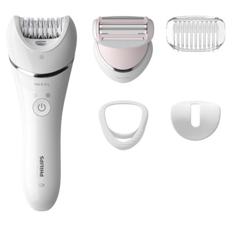 Epilator umed si uscat PHILIPS Seria 8000 BRE710/00, 32 pensete, 2 viteze, 5 accesorii, Wet&Dry, Acumulator, Alb, L x A x I (mm) 65x148x185