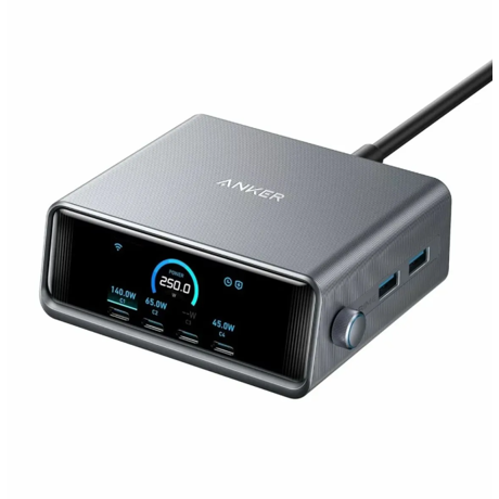 Incarcator si statie incarcare Anker Prime 250W, Ultra-Fast 6-Port, 2x USB-A, 4x USB-C, GaN, Ecran LCD, negru