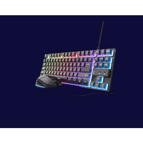 Kit Trust Wireless GXT 798 2-in-1, tastatura mecanica, interfata USB, material ABS, mouse optic, rezolutie maxima 6400 DPI, 6 butoane, negru